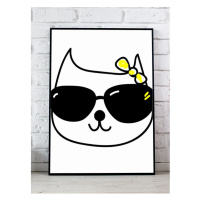 Bíločerný dětský plakát na stěnu - kočka s brýlemi