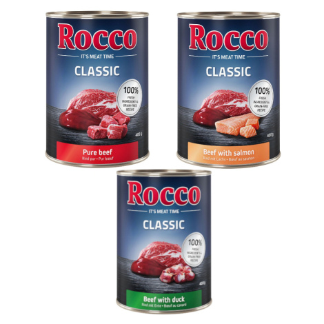 Rocco Classic zkušební mix 6 x 400 g - exkluzivní mix: hovězí, hovězí/losos, hovězí/kachní