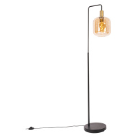 Designová stojací lampa černá s mosazí a jantarovým sklem - Zuzanna
