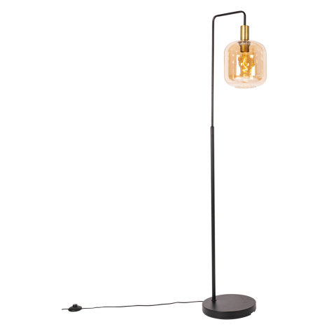 Designová stojací lampa černá s mosazí a jantarovým sklem - Zuzanna QAZQA