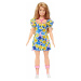 Mattel Barbie s Downovým syndromem - šaty s modrými a žlutými květinami
