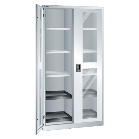 LISTA Skříň s prosklenými dveřmi, v x š x h 1950 x 1000 x 580 mm, 10 polic, světlá šedá