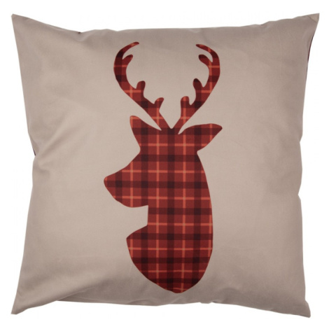 Béžový vánoční povlak na polštář s červeným kanafasovým motivem hlava jelena – 45x45 cm Clayre & Eef