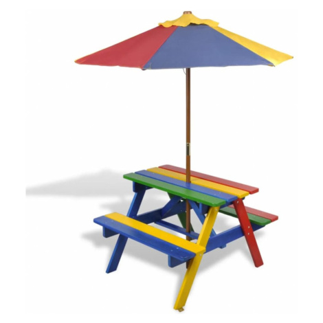 Dětský piknikový stůl s lavičkami a slunečníkem vidaXL