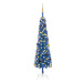 Úzký vánoční stromek s LED diodami a sadou koulí modrý 180 cm