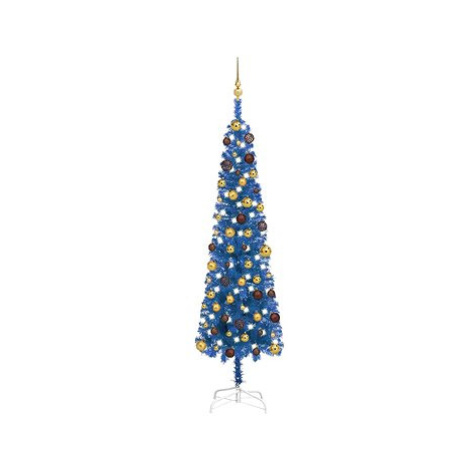 Úzký vánoční stromek s LED diodami a sadou koulí modrý 180 cm SHUMEE