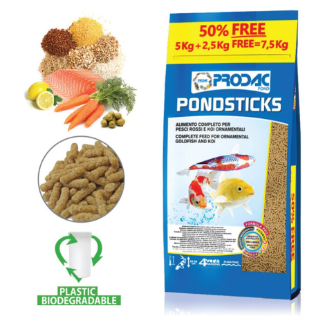 Krmivo pro středně velké a velké okrasné ryby Prodac Pondsticks 5kg + 50% free