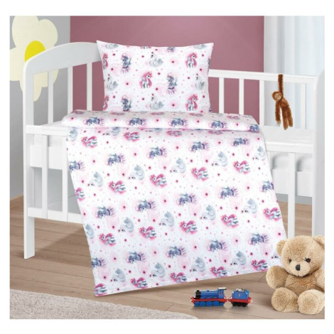 Bellatex Dětské bavlněné povlečení do postýlky Beáta Jednorožec růžová, 100 x 135, 45 x 60 cm