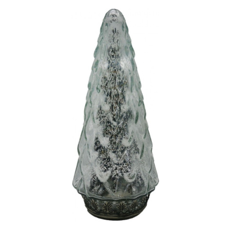 Stříbrná skleněná vánoční dekorace s LED světlem vánoční stromeček s ozdobným podstavcem Annuska Clayre & Eef