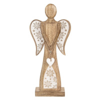 Dřevěný anděl MANGO s bílým srdcem a vločkami 45,5 cm