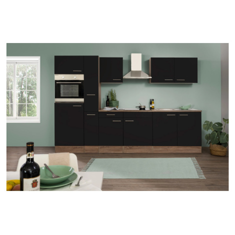 Respekta Kuchyně Oliver černá/dub 300 cm-trouba/skl.deska/digestoř/lednice