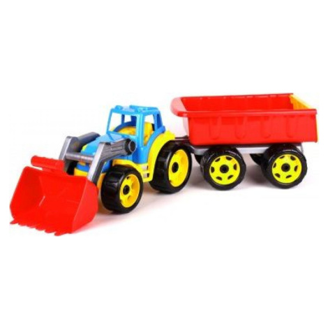 Traktor-nakladač-bagr s vlekem se lžící plast na volný chod červená vlečka Teddies