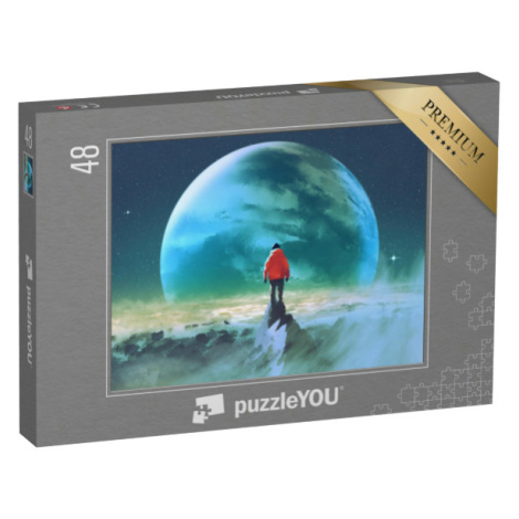 puzzle 48 dílků „Muž na vrcholu hory s výhledem na jinou planetu“