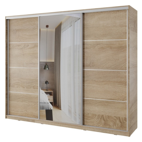 Šatní skříň NEJBY BARNABA 250 cm s posuvnými dveřmi,zrcadlem,4 šuplíky a 2 šatními tyčemi,dub so Lamivex