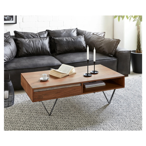 DELIFE Konferenční stolek Stonegrace 115x60 cm akácie hnědá břidlice 2 zásuvky 1 přihrádka podno