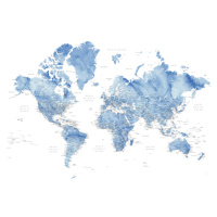 Mapa Watercolor world map with cities in muted blue, Vance, Blursbyai, 40 × 26.7 cm