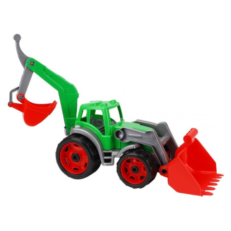 Traktor-nakladač-bagr se 2 lžícemi plast na volný chod červeno-zelený Teddies