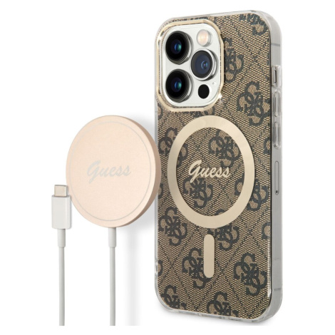 Guess 4G MagSafe kryt + Bezdrátová nabíječka pro iPhone 14 Pro hnědá