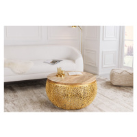 Estila Art deco konferenční stolek Hoja kulatého tvaru s hnědou vrchní dřevěnou deskou a zlatou 