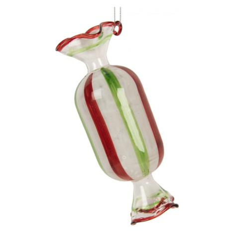 Červeno-zelená skleněná vánoční ozdoba bonbon s proužky – 5x13 cm Clayre &amp; Eef