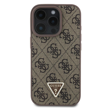 Guess PU 4G Strass Triangle Metal Logo Zadní Kryt pro iPhone 16 Pro Brown