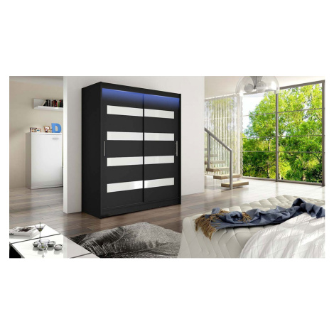 Šatní skříň 150 cm s lakovaným sklem a LED osvětlením ELADIO 4 - černá / bílá