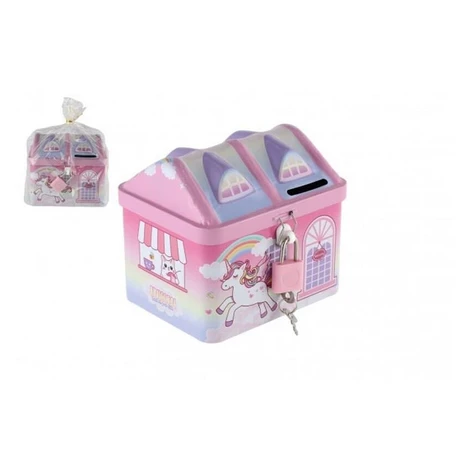 Pokladnička domeček jednorožec plechová se zámkem růžová v sáčku Teddies