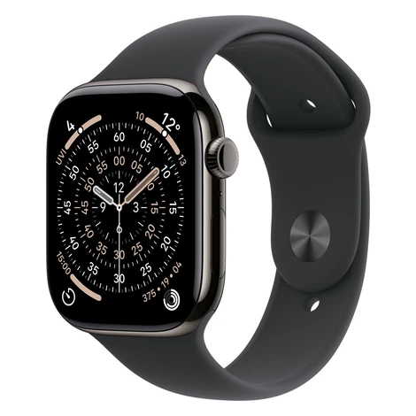 Apple Watch Series 11 Cellular 46mm Břidlicově šedý titan s černým sportovním řemínkem - S/M