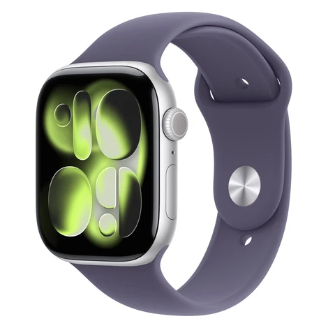 Apple Watch Series 11 46mm Stříbrný hliník s mlžně fialovým sportovním řemínkem - M/L