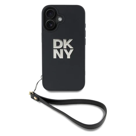 DKNY PU Leather Stack Logo Wrist Strap Zadní Kryt pro iPhone 16 Black