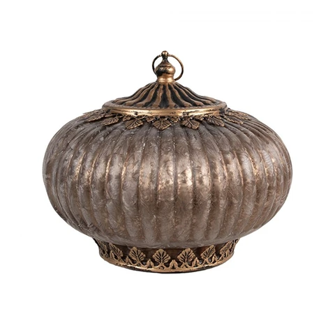 Hnědá skleněná dekorace lucerna s LED světlem s ozdobnými lístky – 17x14 cm Clayre & Eef