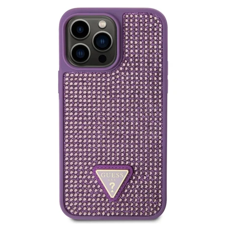 Guess Rhinestones Triangle Metal Logo Kryt pro iPhone 15 Pro Fialová