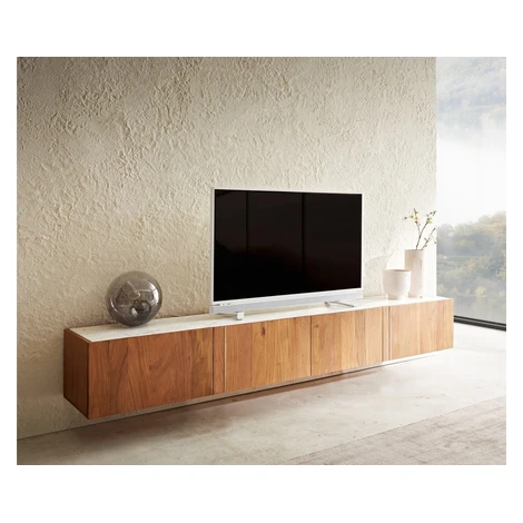 TV stolek Secara 220 cm akácie přírodní 4 dvířka mramor závěsný