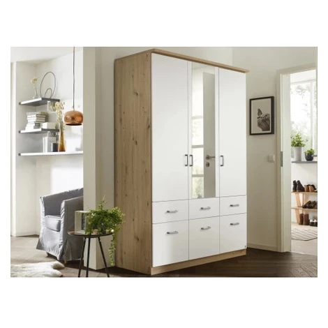 Šatní skříň se zrcadlem Bremen, 136 cm, dub artisan/bílá Asko